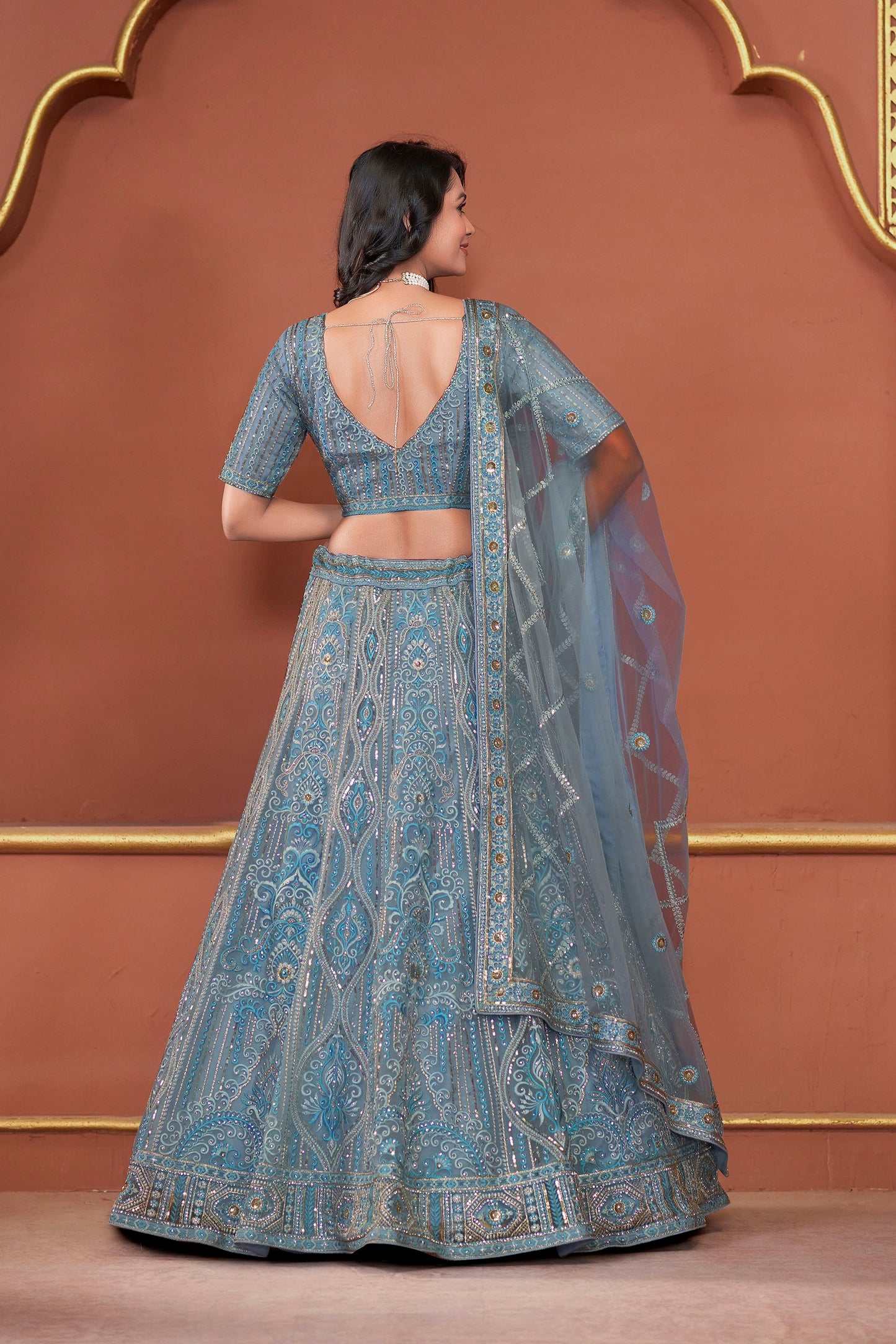 Sky Blue Zarkan Embroidery Net Festive Lehenga