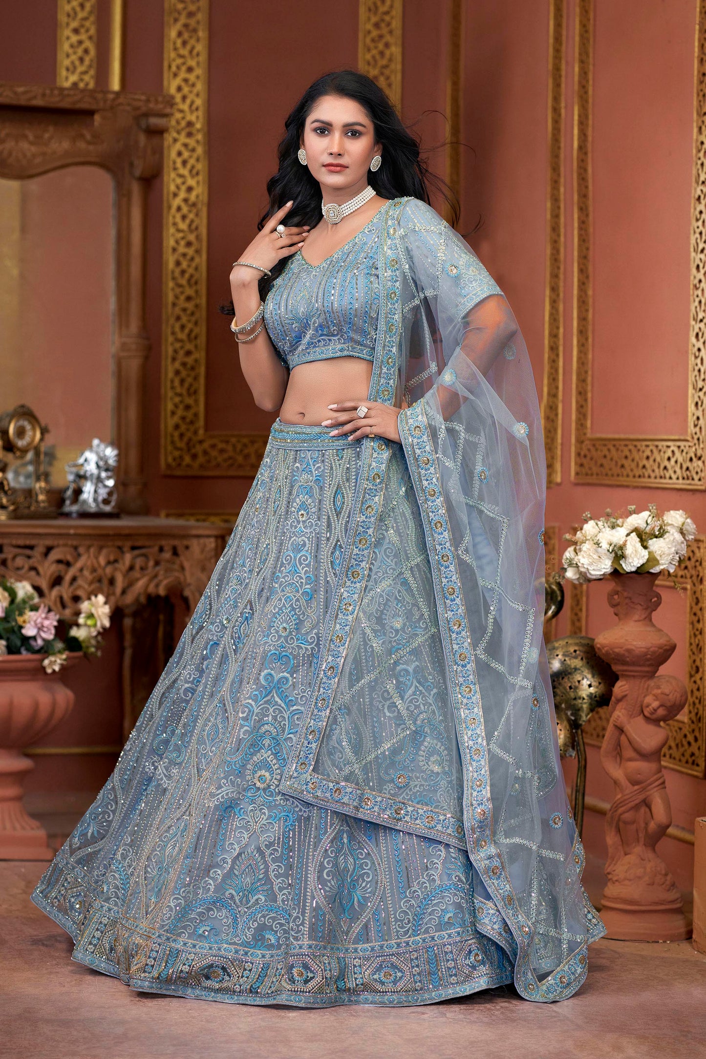 Sky Blue Zarkan Embroidery Net Festive Lehenga