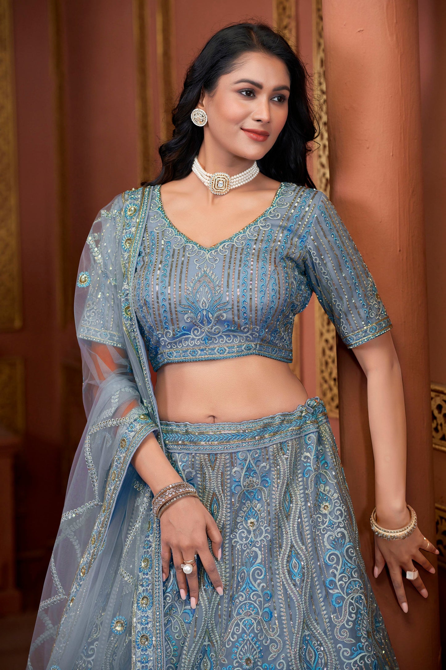 Sky Blue Zarkan Embroidery Net Festive Lehenga