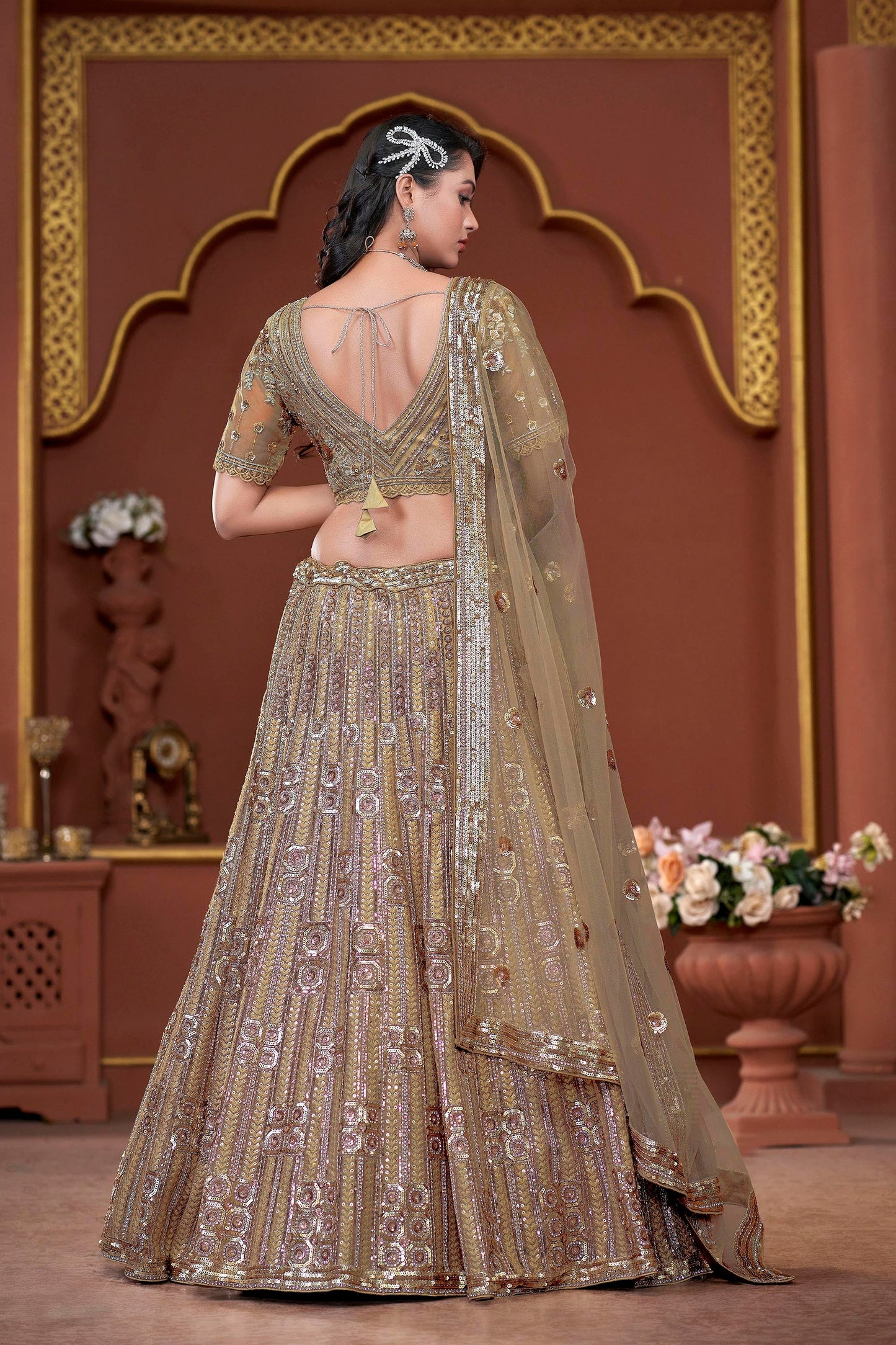 Gold Color Zarkan Embroidery Net Sangeet Lehenga