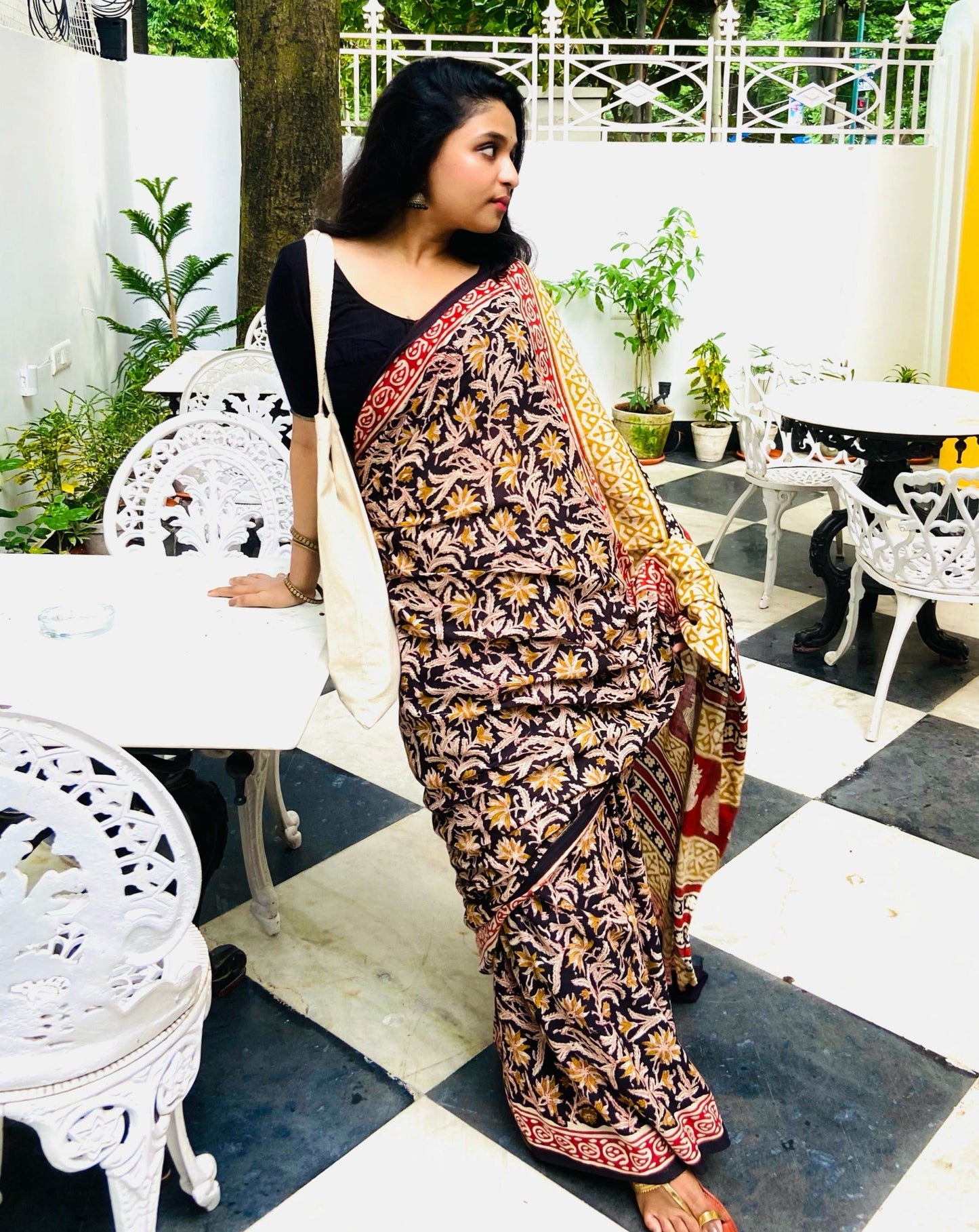 Kalbeliya -  Black Bagru Natural Dyes Handblock Printed - Cotton Mulmul Saree
