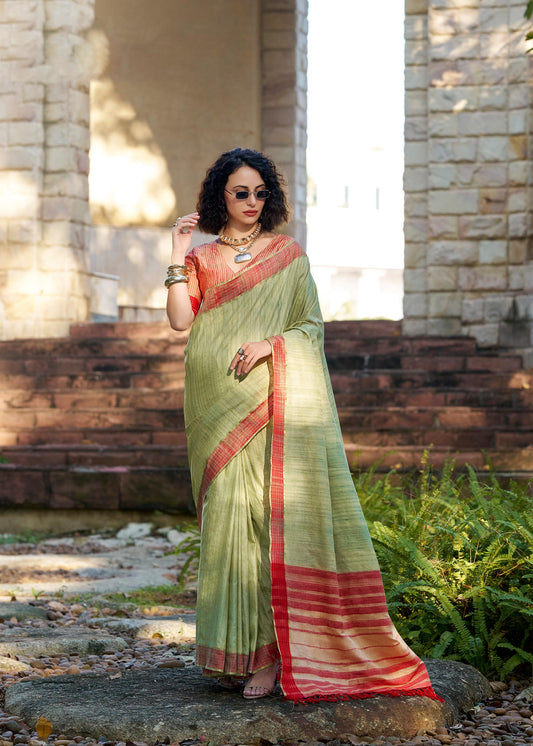 Pista Green Redbull  Pure Handloom Katan Saree