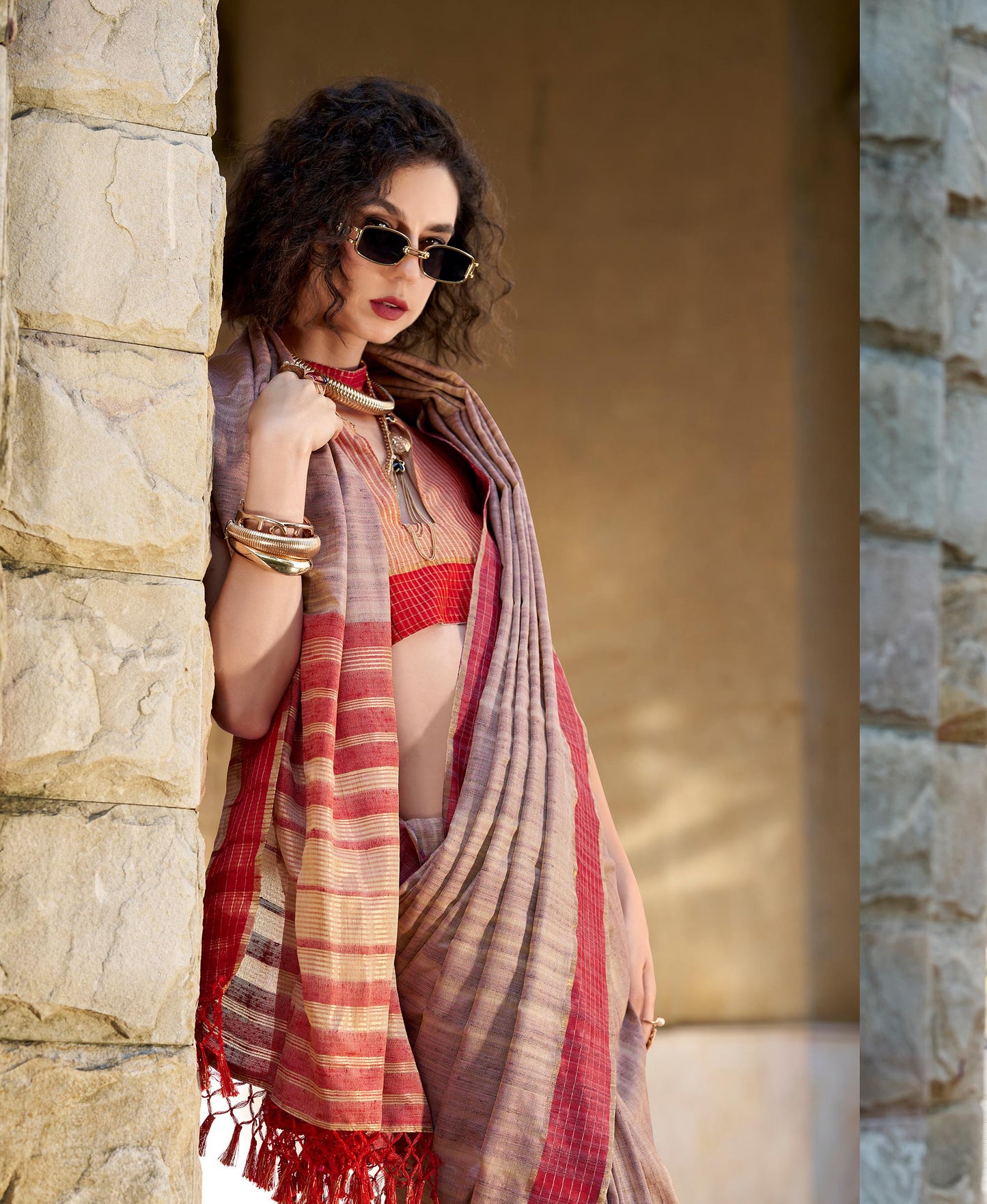Beige Redbull Pure Handloom Katan Saree