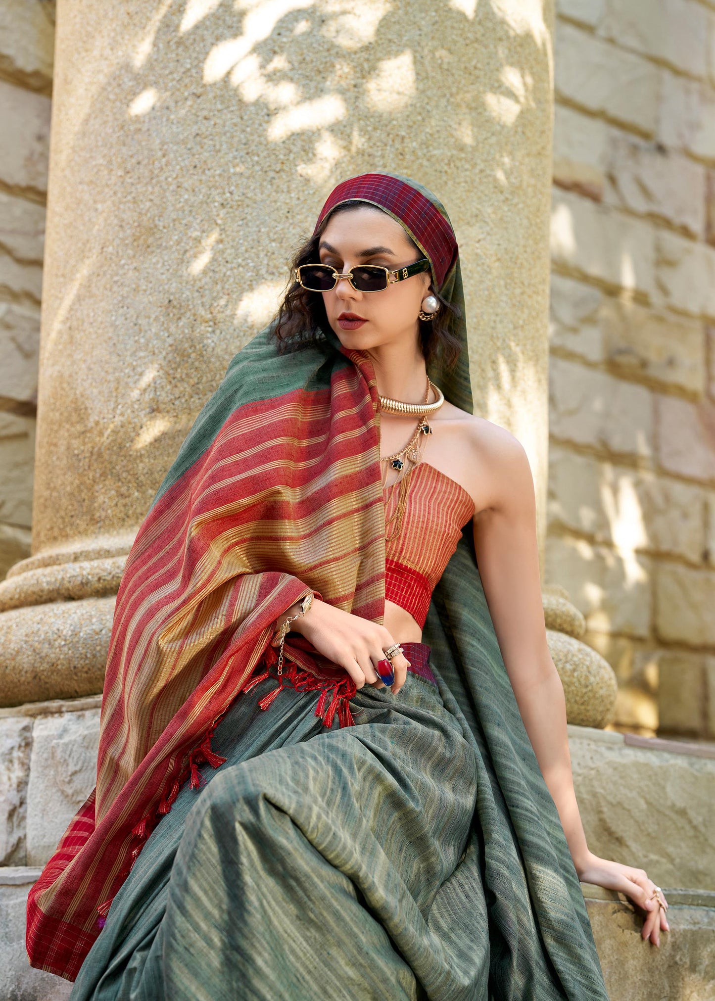 Greyish Redbull Pure Handloom Katan Saree