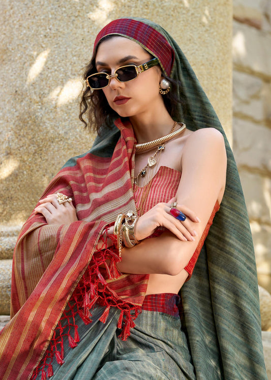 Greyish Redbull Pure Handloom Katan Saree