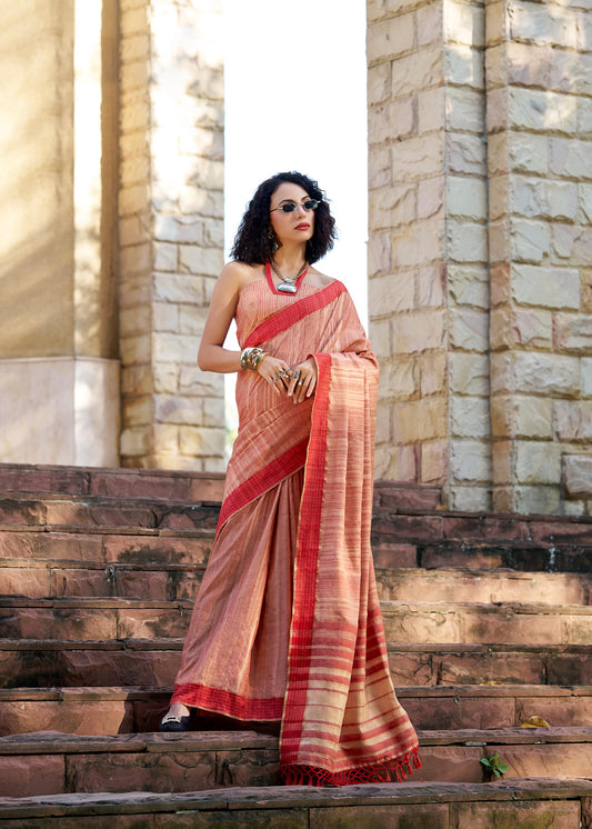 Light Peach Redbull Pure Handloom Katan Saree