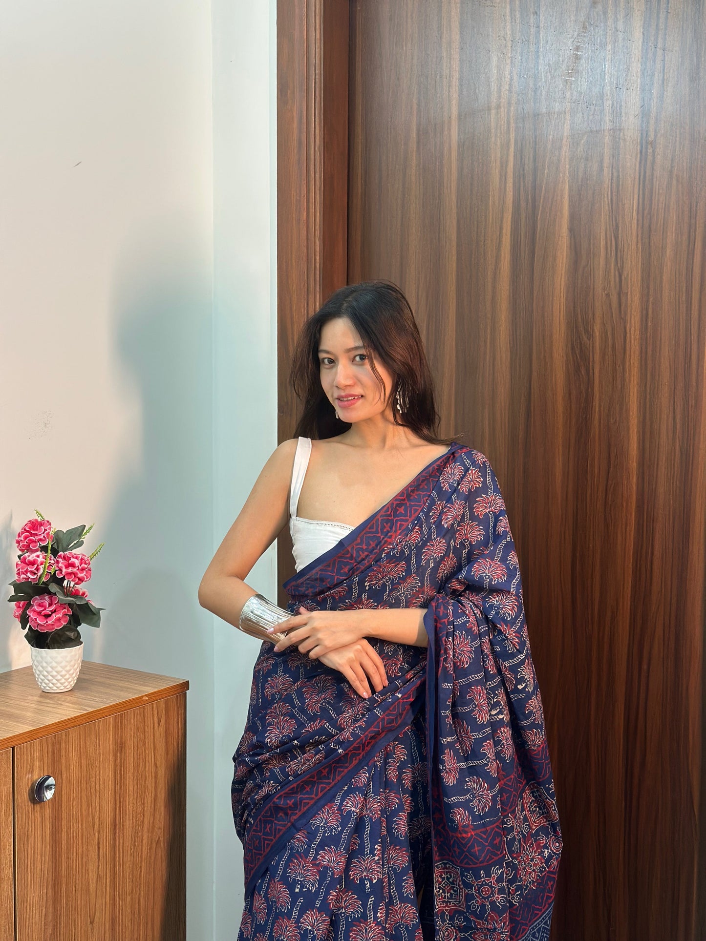 Navy Blue Handblock Cotton Saree