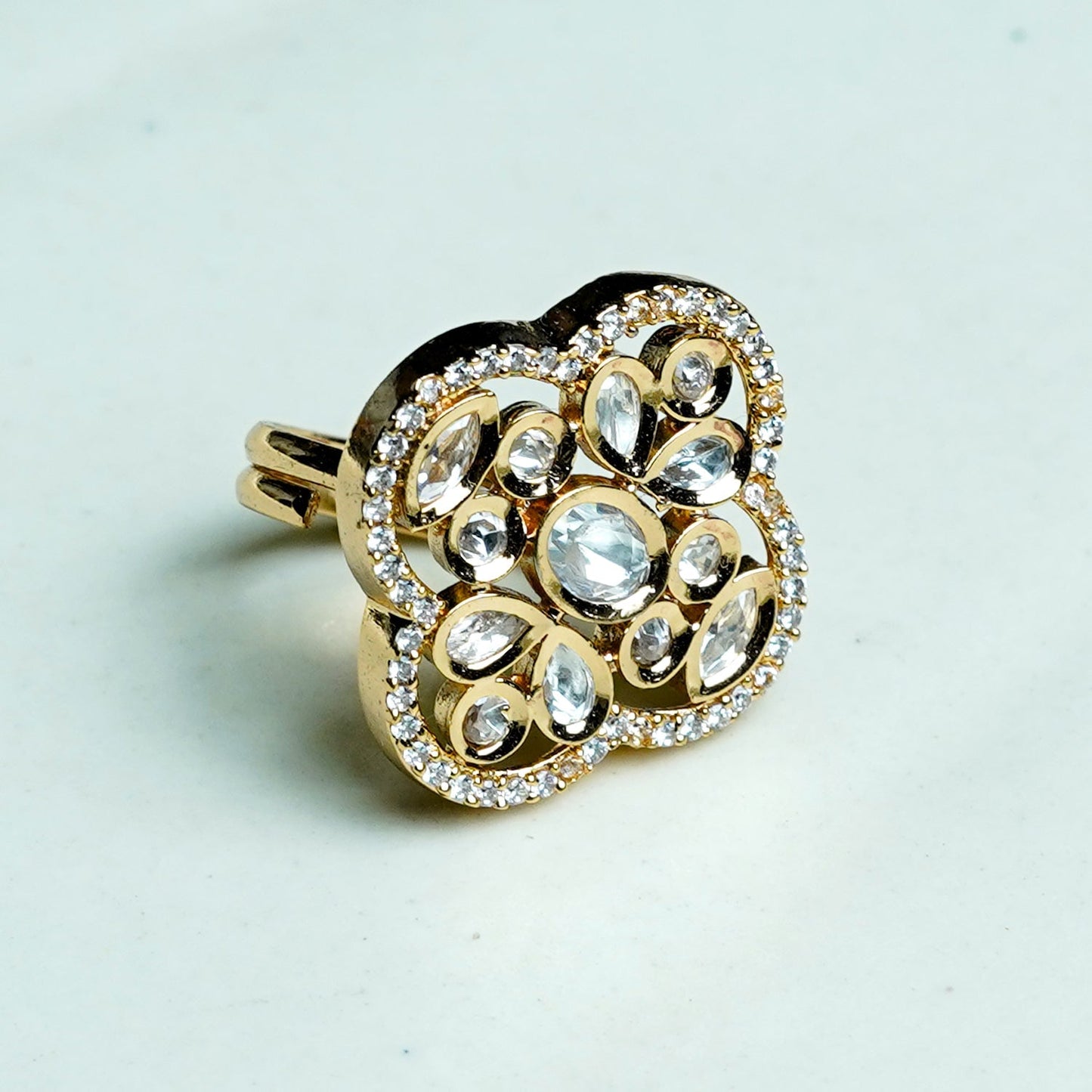 Zevar Club Gold-Toned White Kundan & Cubic Zirconia Studded Floral Adjustable Statement Ring