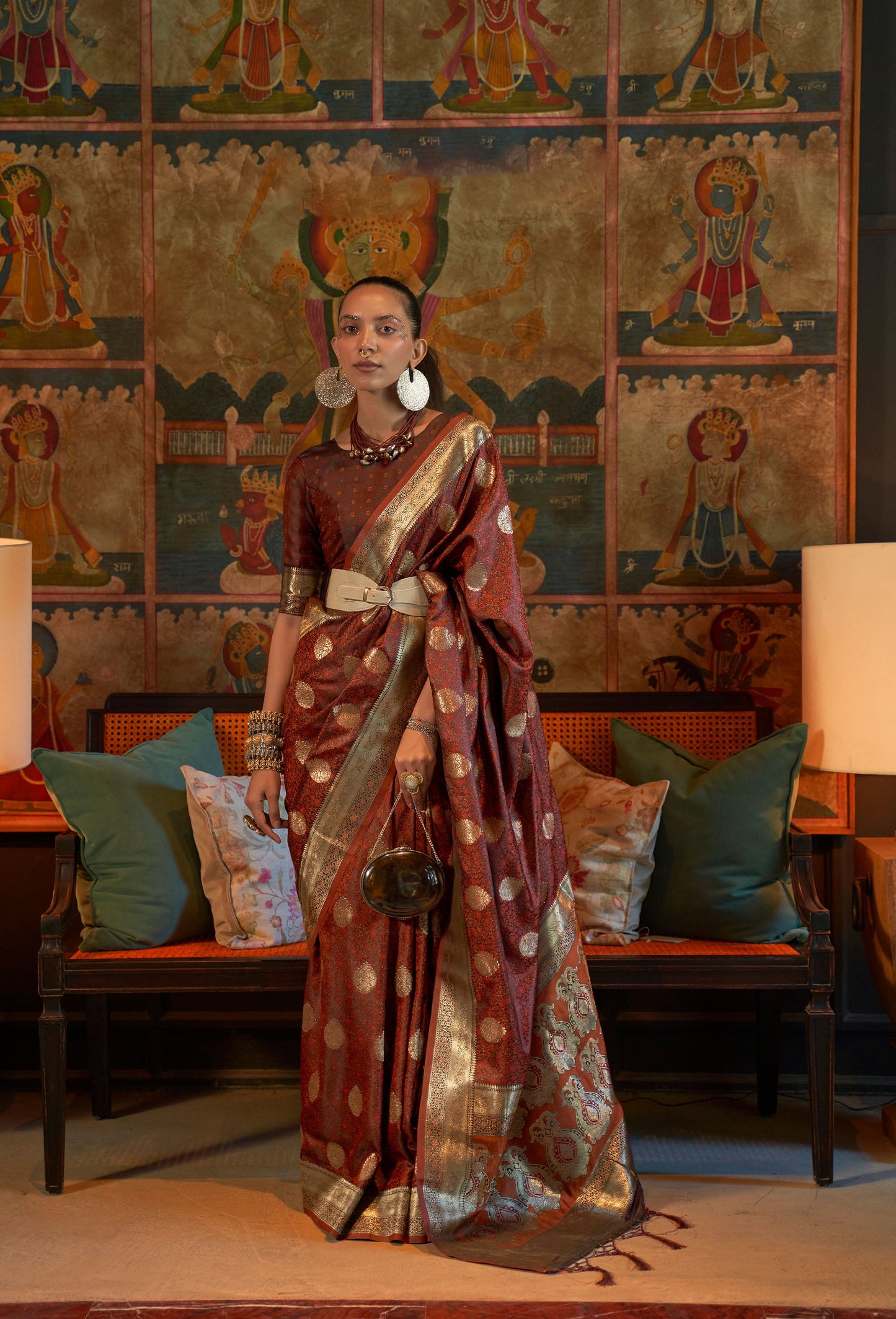 Burgundy Kona Pure Satin Tanchoi Handloom Silk Saree