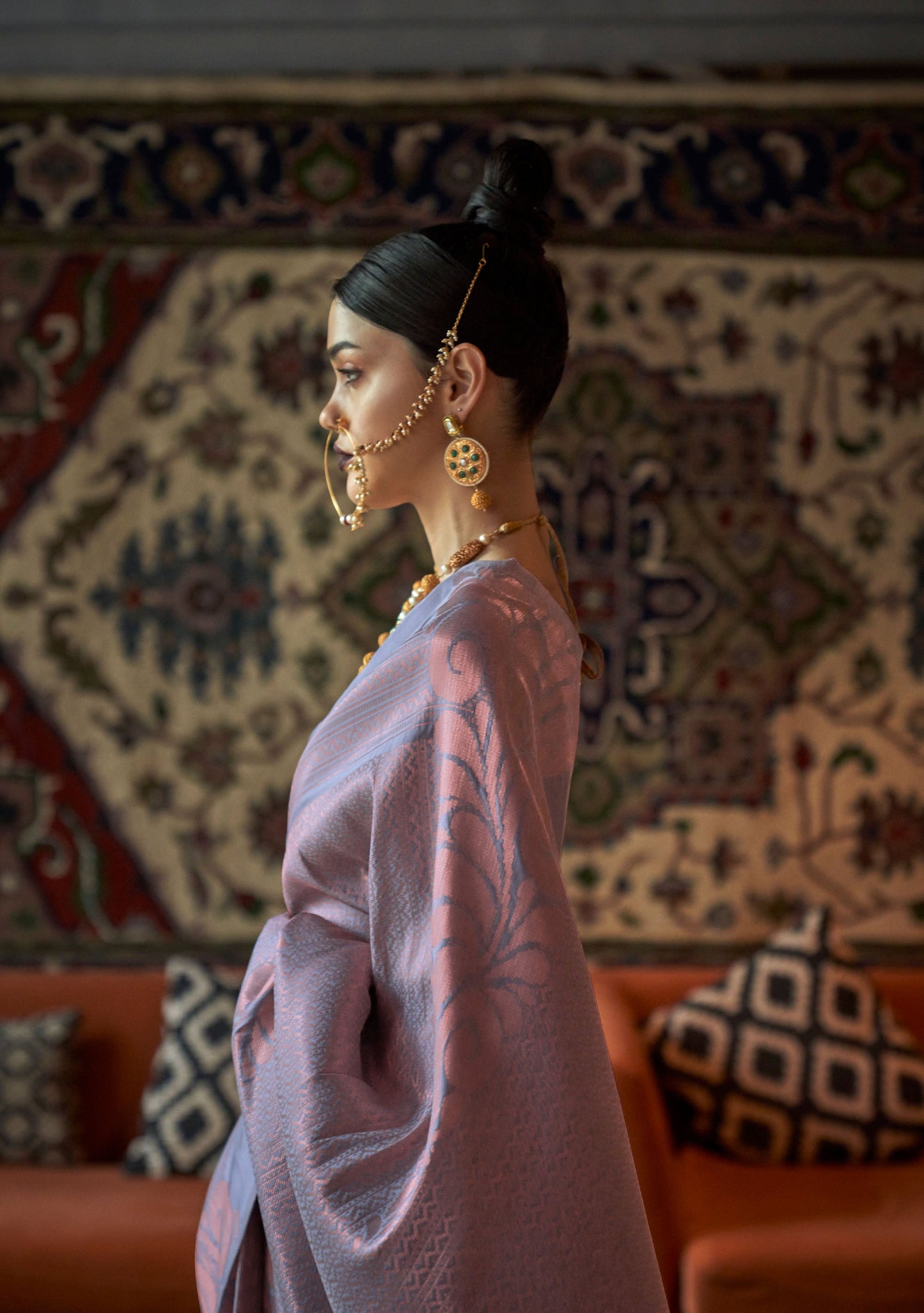 Lavender Kanmani Silk Copper Zari Handloom Saree