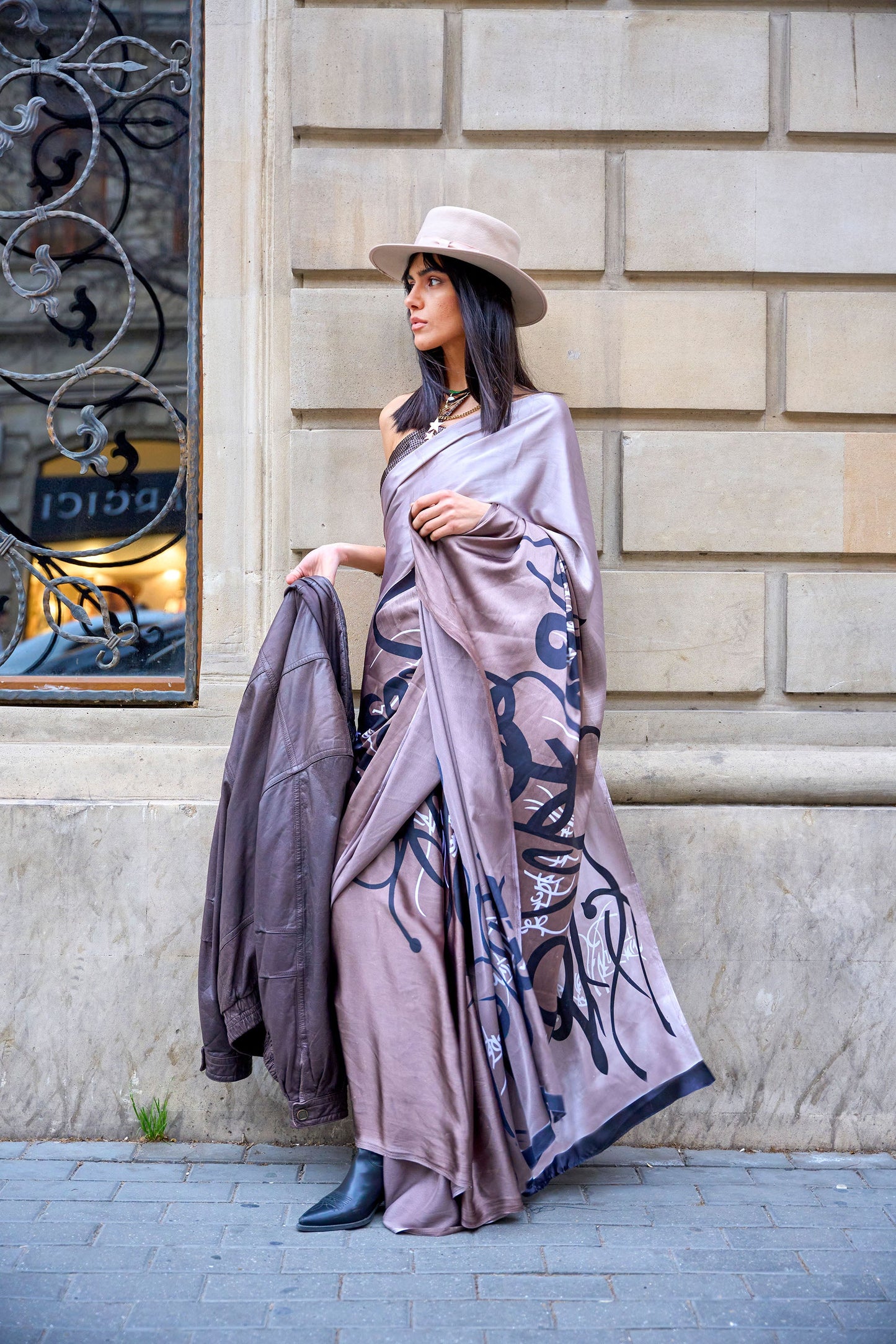 Brown Klutch Japan Satin Print Saree