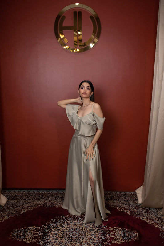 Green Satin silken dreams Party Wear Bridesmaid Dress