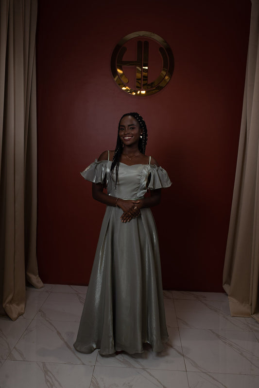 Sea Green Satin Off - shoulder ankle -length Designer dress