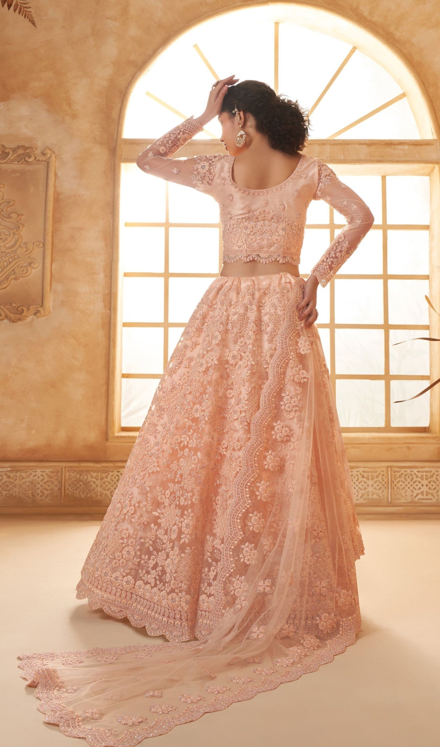 Peach Heavy Cording Embroidered Net Bridesmaid Lehenga Choli