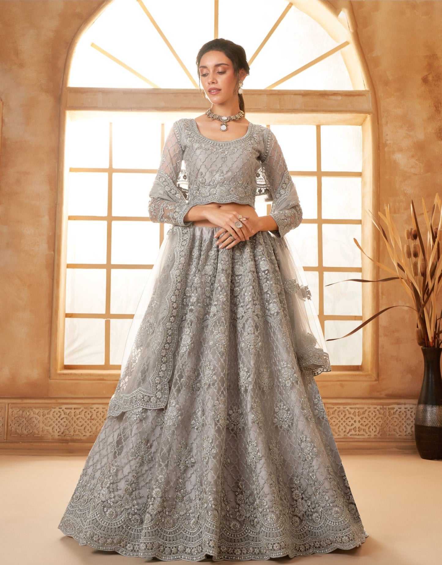 Light Grey Heavy Diamond & Floral Embroidered Net Lehenga Choli