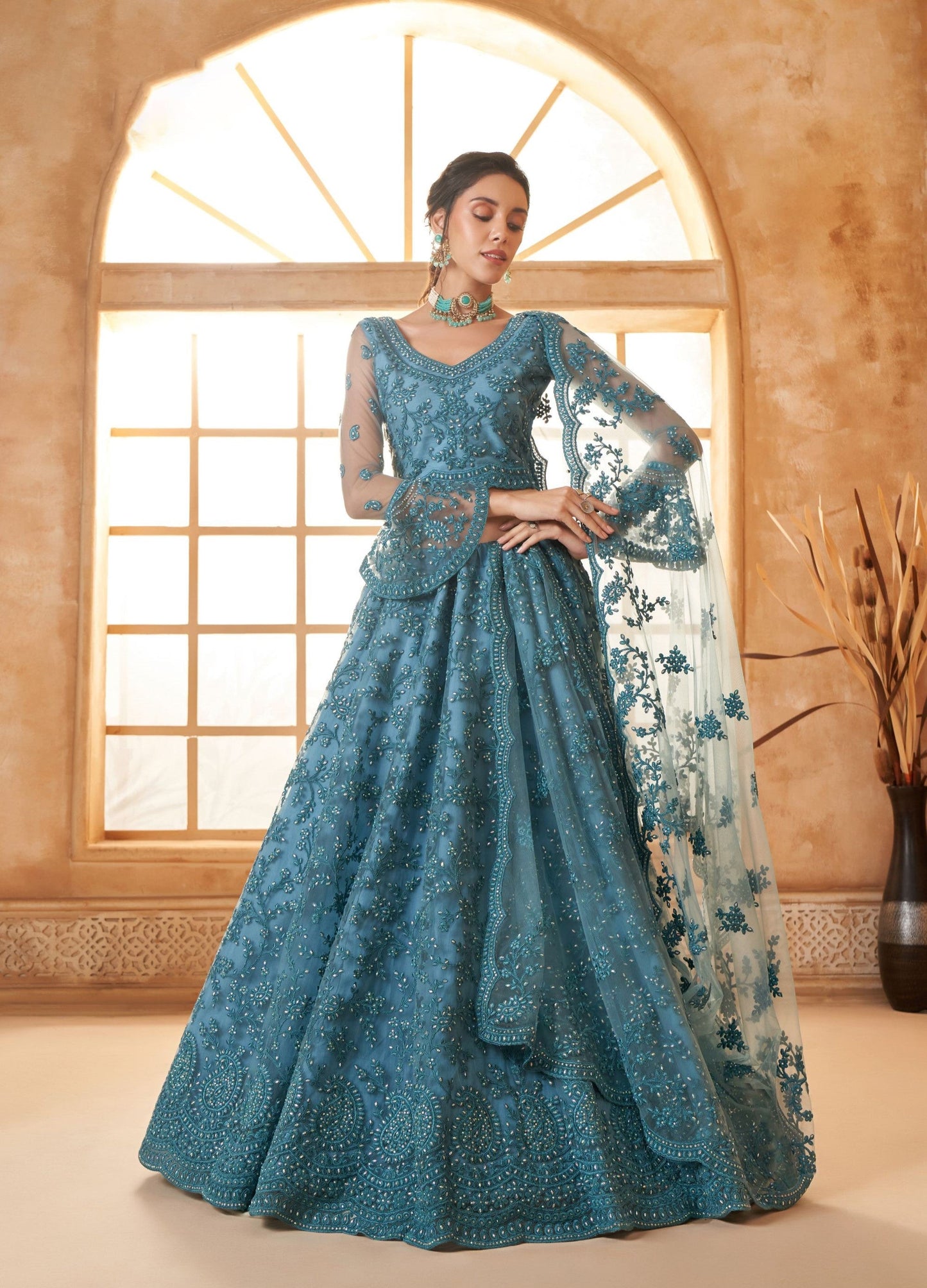 Blue Heavy Codding Embroidered Net Reception Lehenga Choli