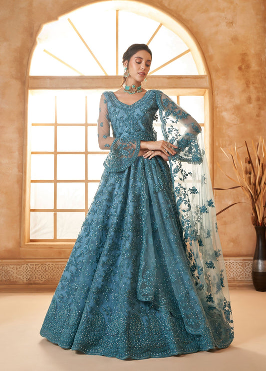 Blue Heavy Codding Embroidered Net Reception Lehenga Choli