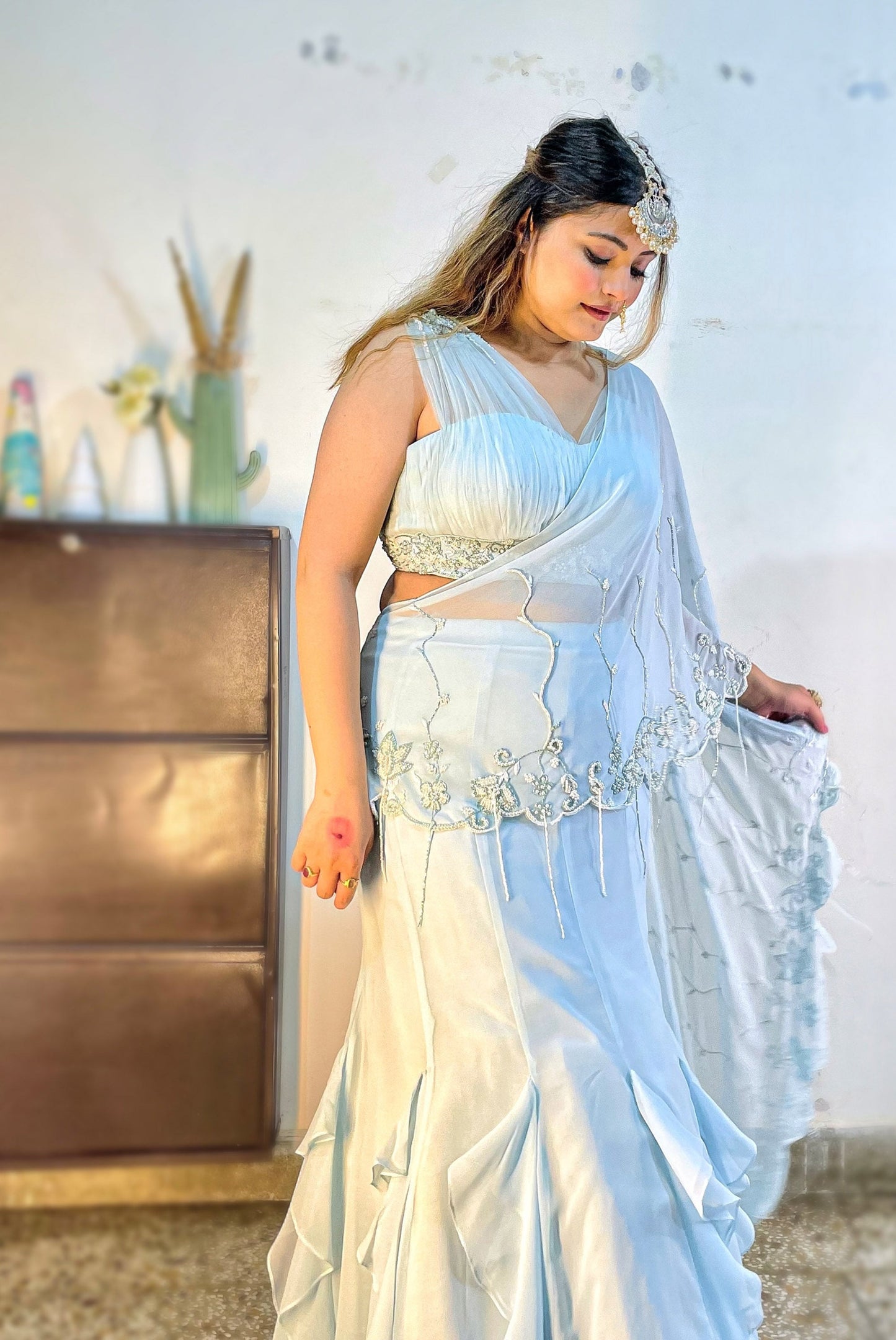 Ice Blue Georgette hand embroidered Cocktail Lehenga