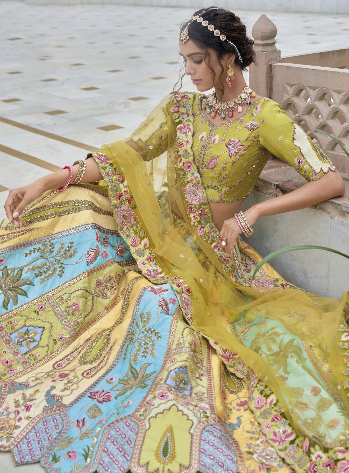 Multi Color Sequins and Floral Embroidery Silk Haldi Lehenga