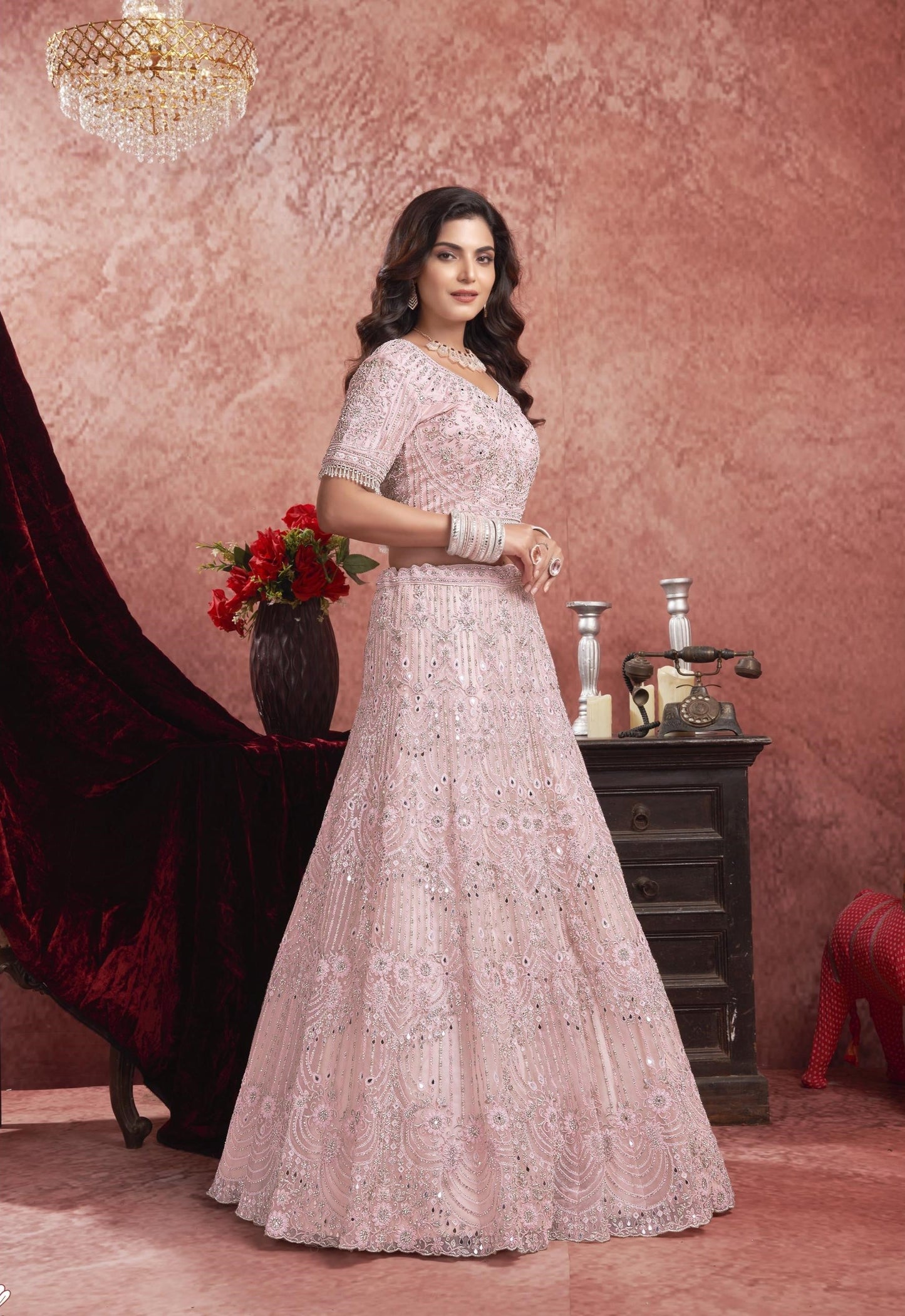 Pink Zarkan & Mirror Embroidery Net Bridal Lehenga