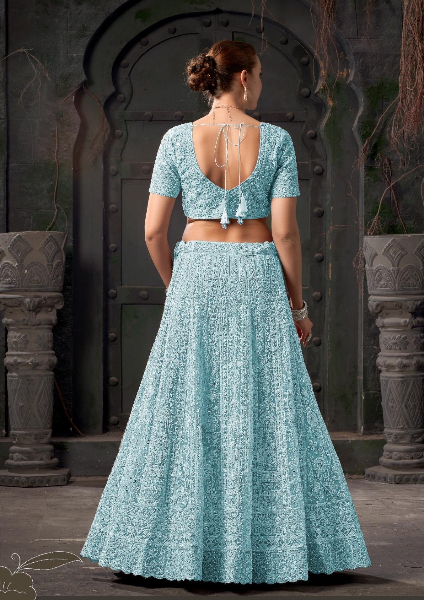 Sky Blue Zarkan Embroidery Net Party Wear Lehenga