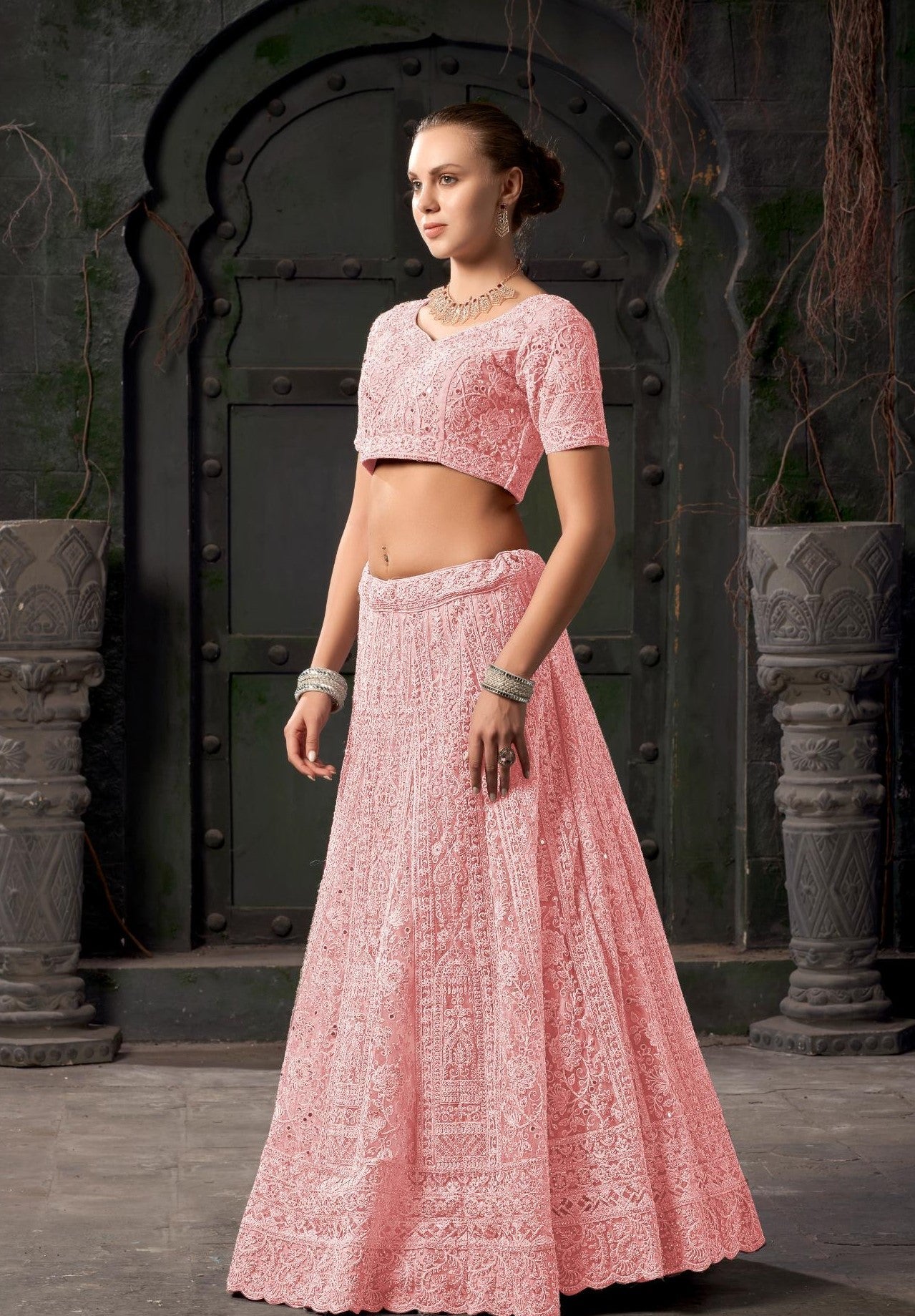 Light Pink Zarkan Embroidery Net Wedding Guest Lehenga