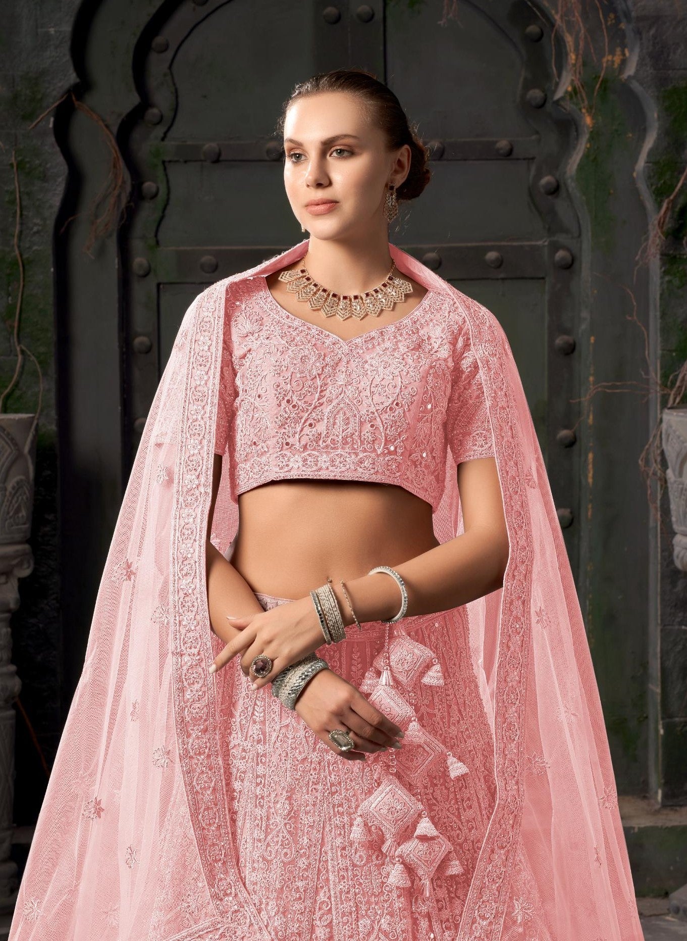 Light Pink Zarkan Embroidery Net Wedding Guest Lehenga
