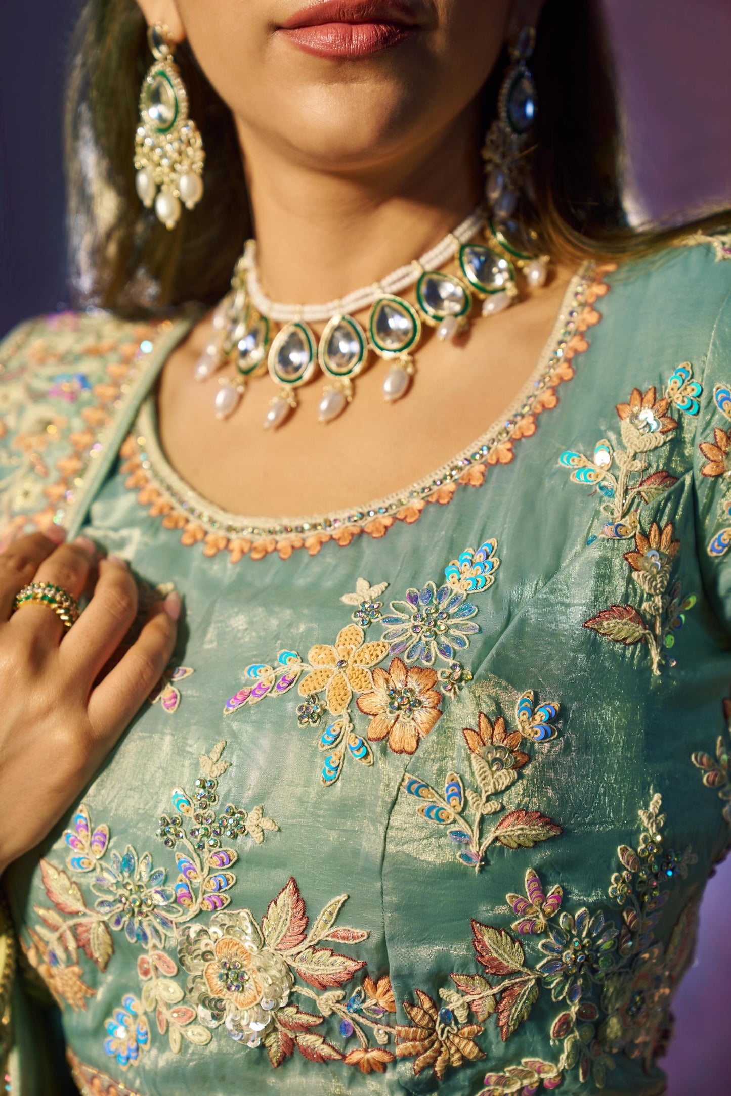 Turquoise Organza Zari & Dori Embroidered Sangeet Lehenga
