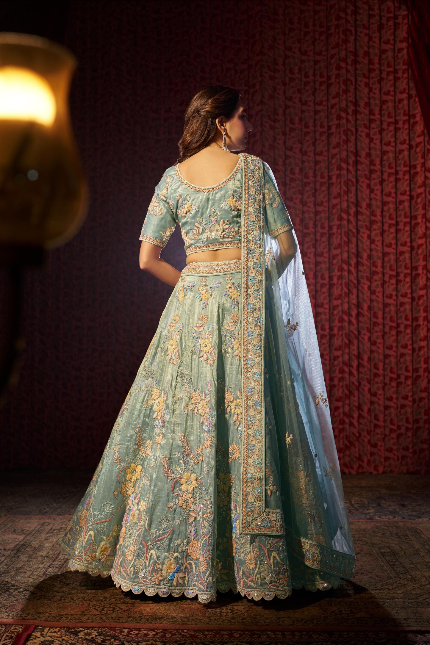 Turquoise Organza Zari & Dori Embroidered Sangeet Lehenga