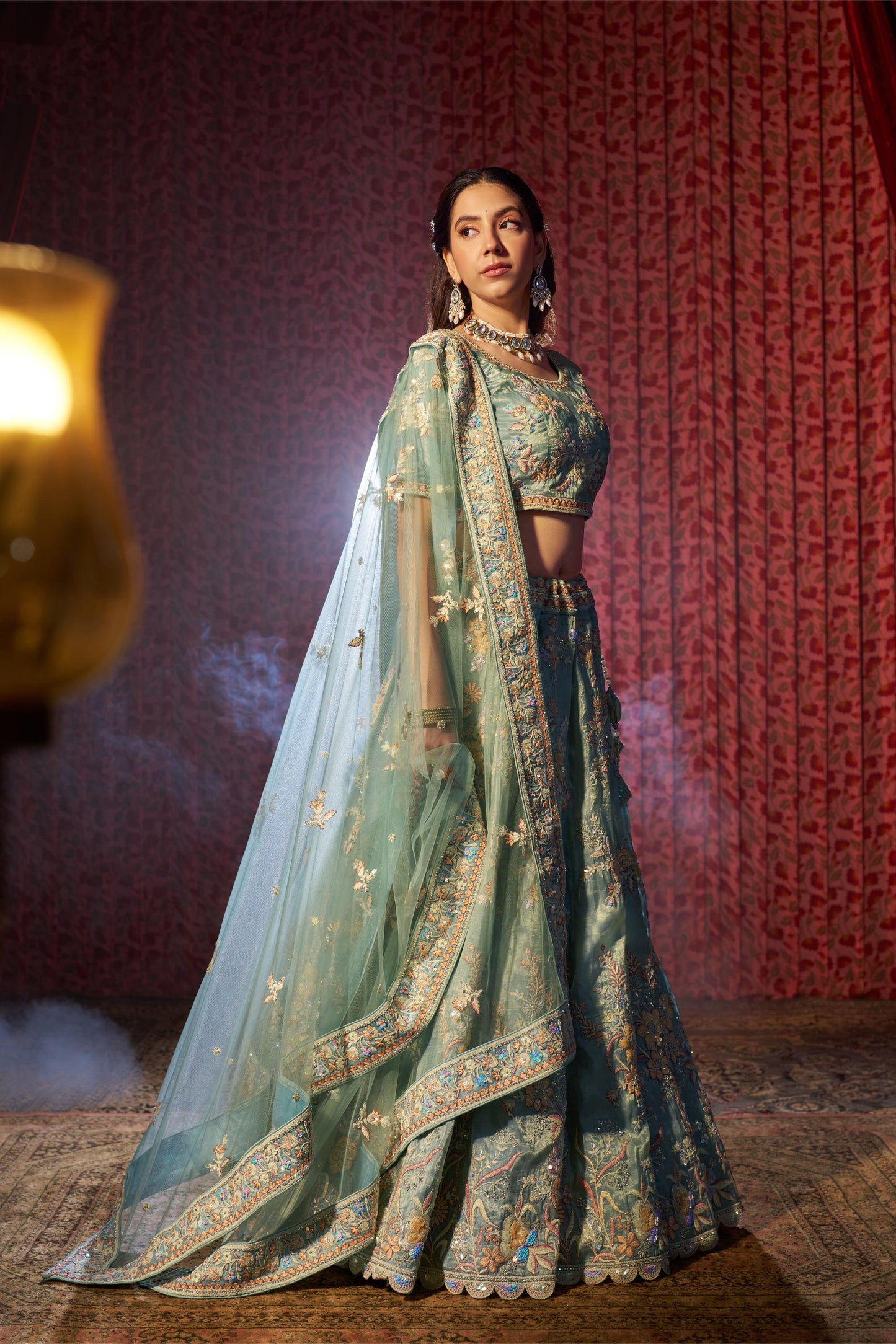 Turquoise Organza Zari & Dori Embroidered Sangeet Lehenga