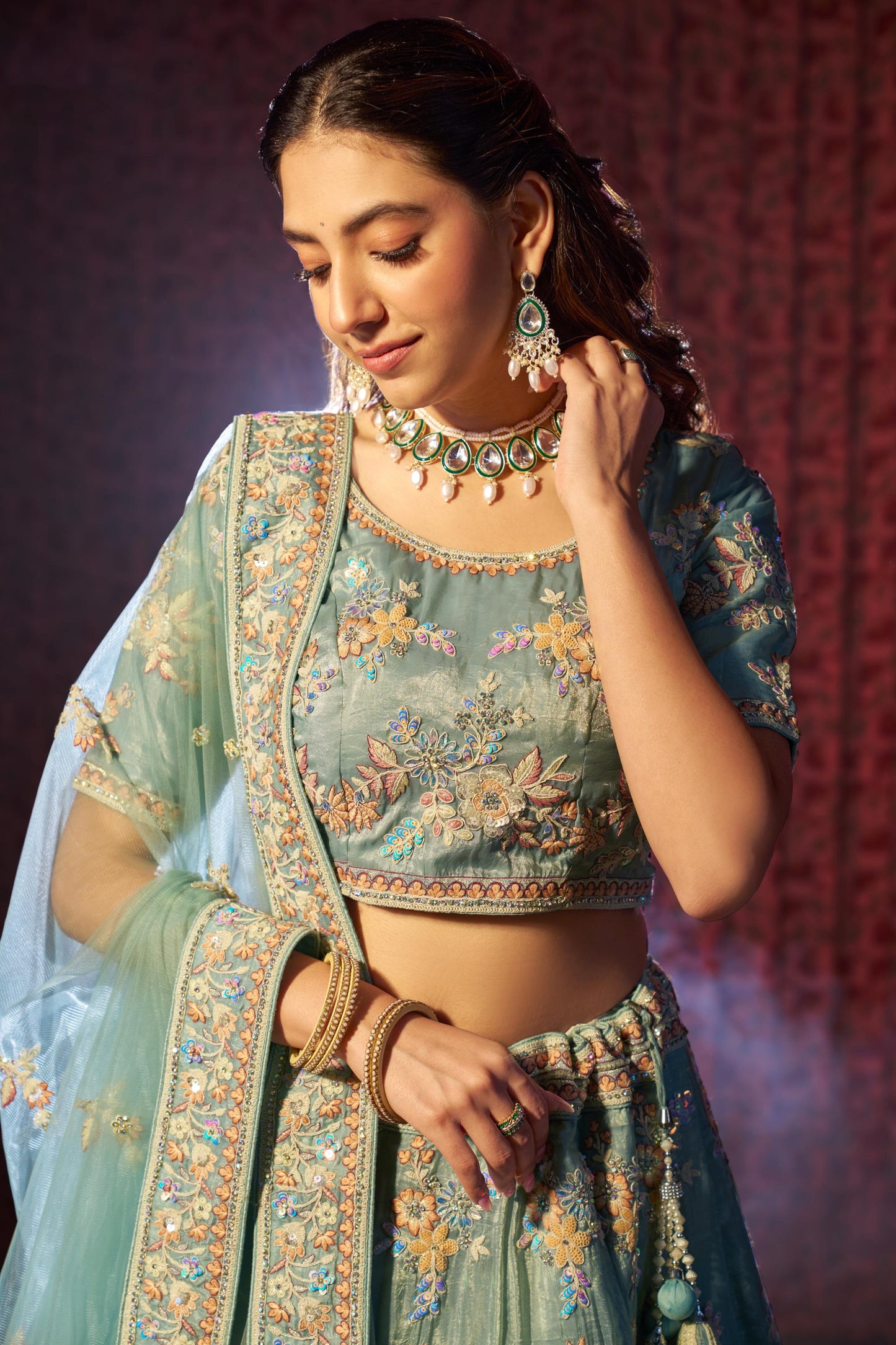 Turquoise Organza Zari & Dori Embroidered Sangeet Lehenga