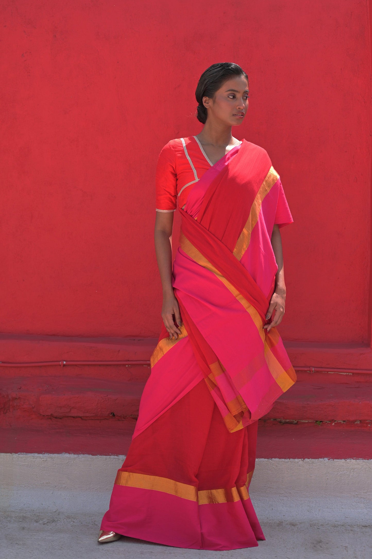 Dayita I Red Handloom Cotton Saree with Pink and Golden Border