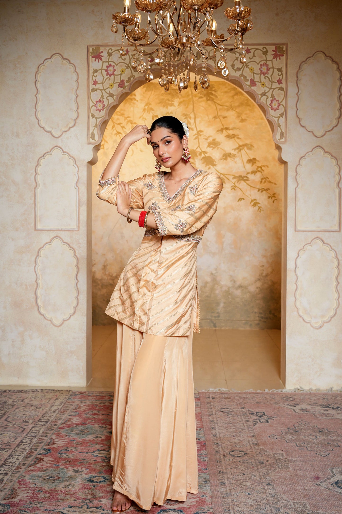 Golden Banarasi Silk Sharara With Dabka Hand Work