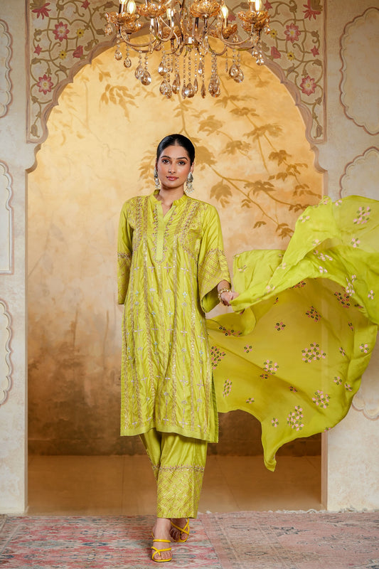 Green Chanderi Straight Zari Hand Work Embroidery Kurta Set