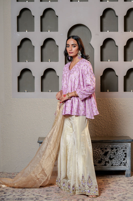 Golden & Purple Banarasi Silk Sharara Set With Cut-dana & Moti Hand Work