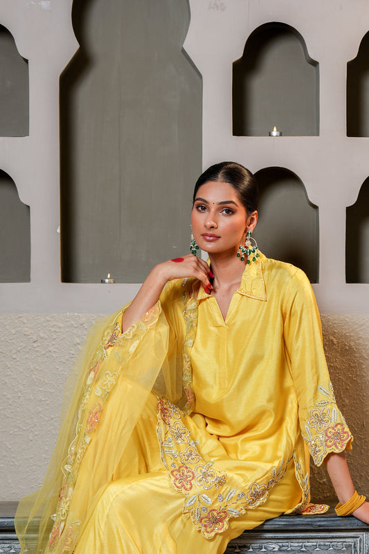 Yellow Dola Silk Cut Dana Hand Embroidery Party Wear Sharara