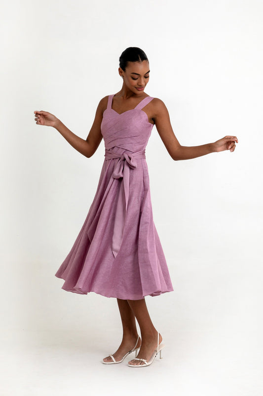 Ayla Lilac Linen Satin Deisgner Dress