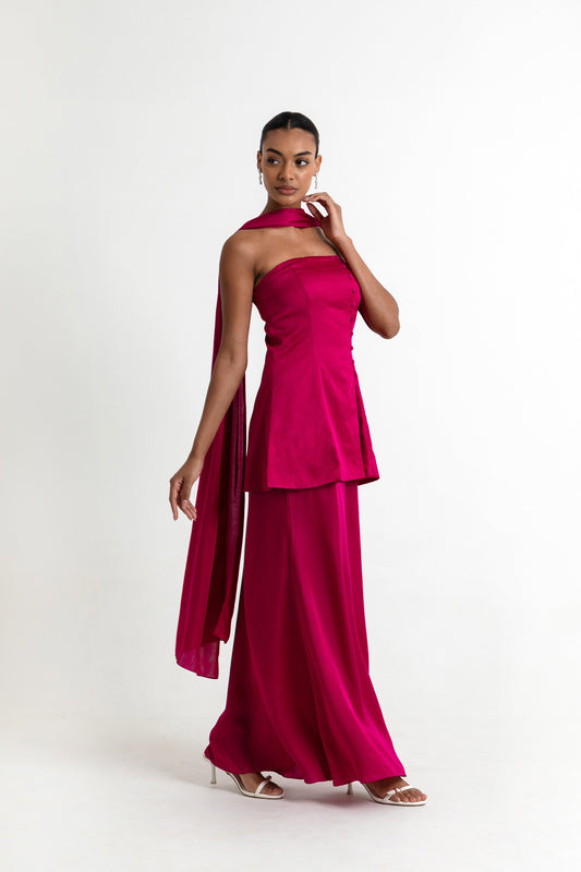 Adaline Dark Fuschia Pink Satin Co ord set with Scarf