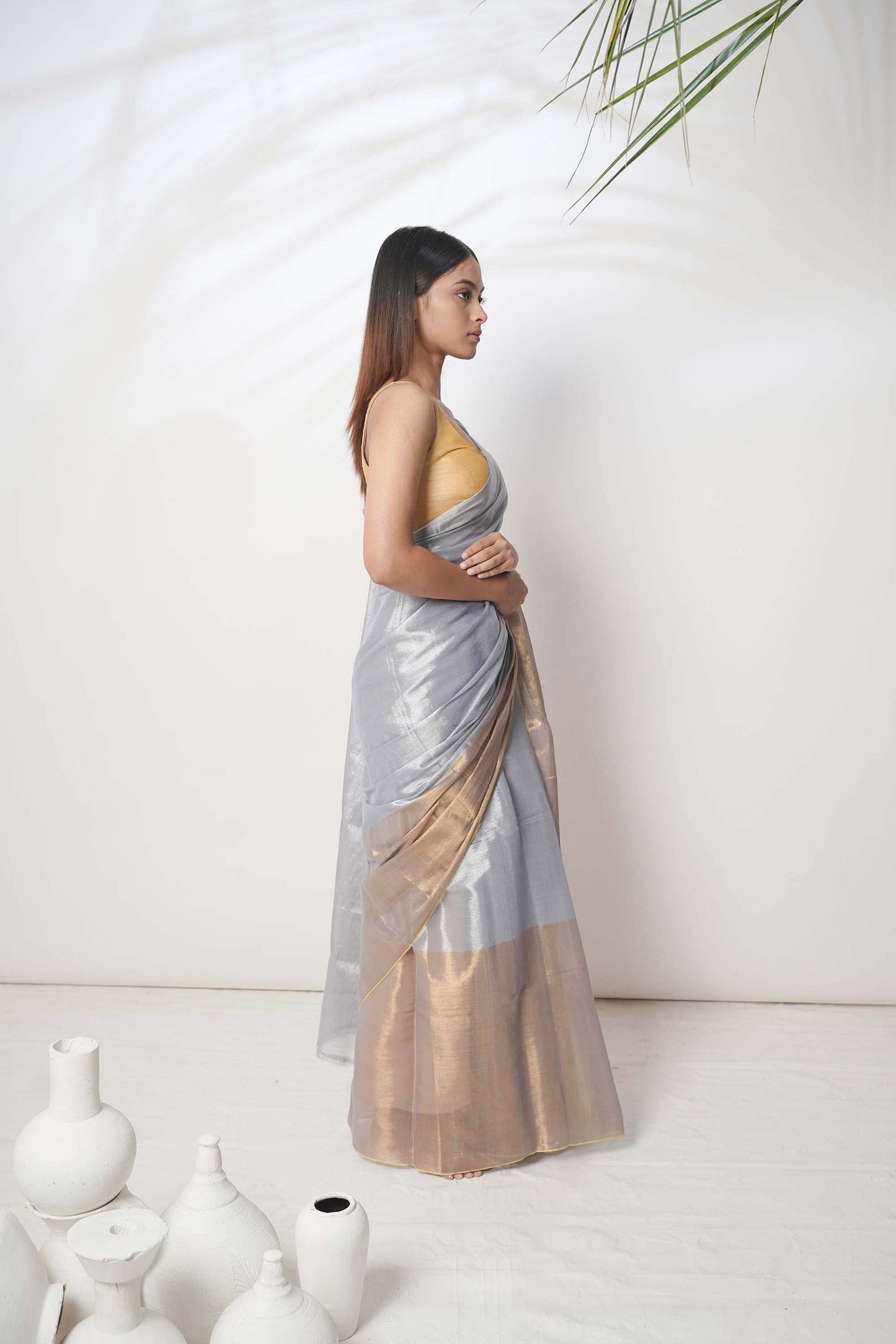 Alankrita | Slate Blue and Gold Handloom Tissue Saree