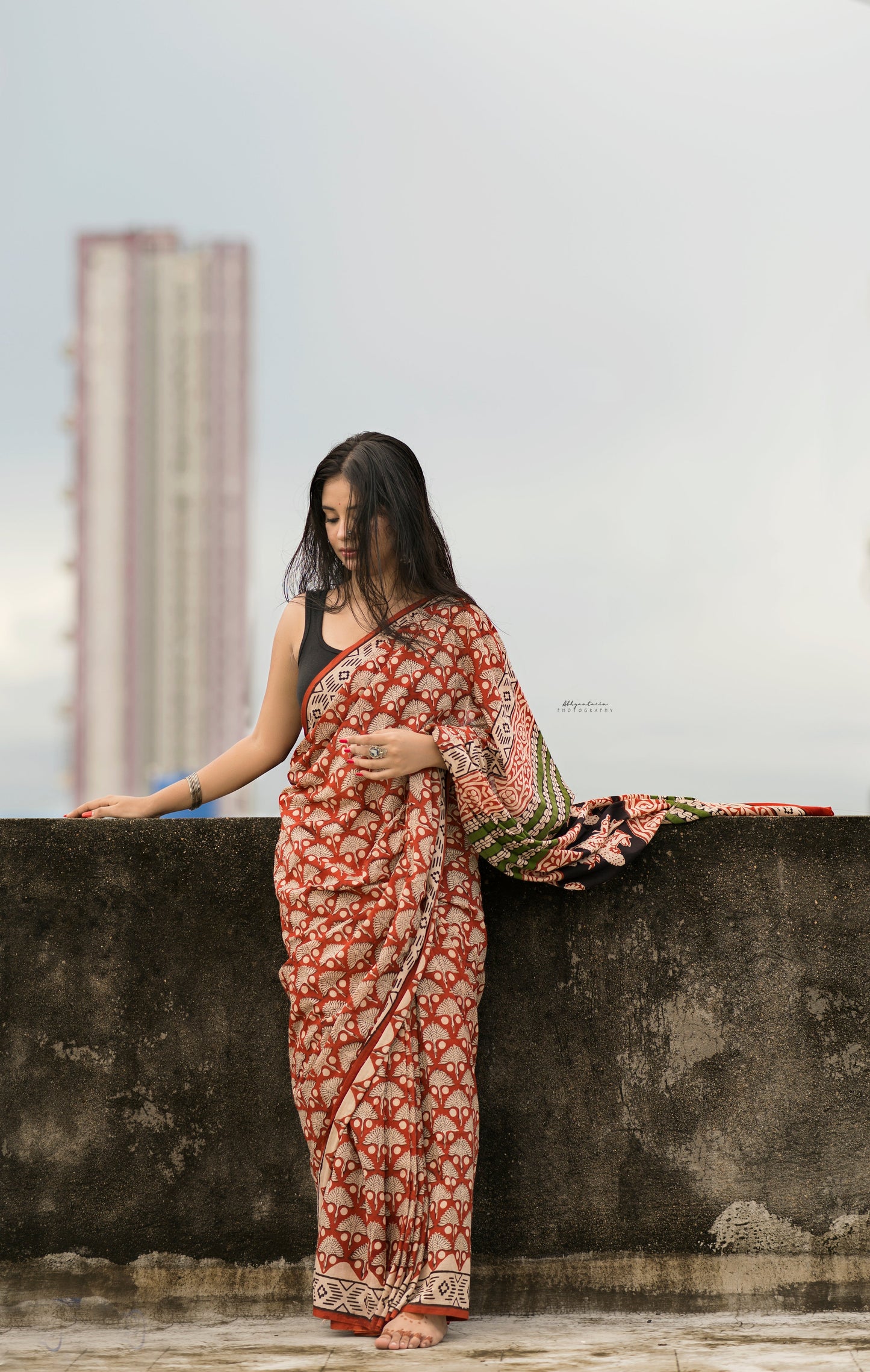 Chilgoza- Red Bagru Natural Dyes Handblock Printed - Cotton Mulmul Saree
