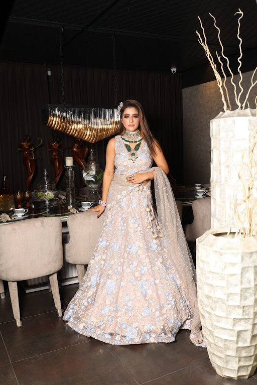 Beige Sequins Work Designer Organza Lehenga Choli for Sangeet