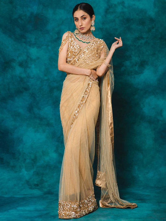 Beige Color Heavy Sequence Embroidery Net Designer Saree for Bride