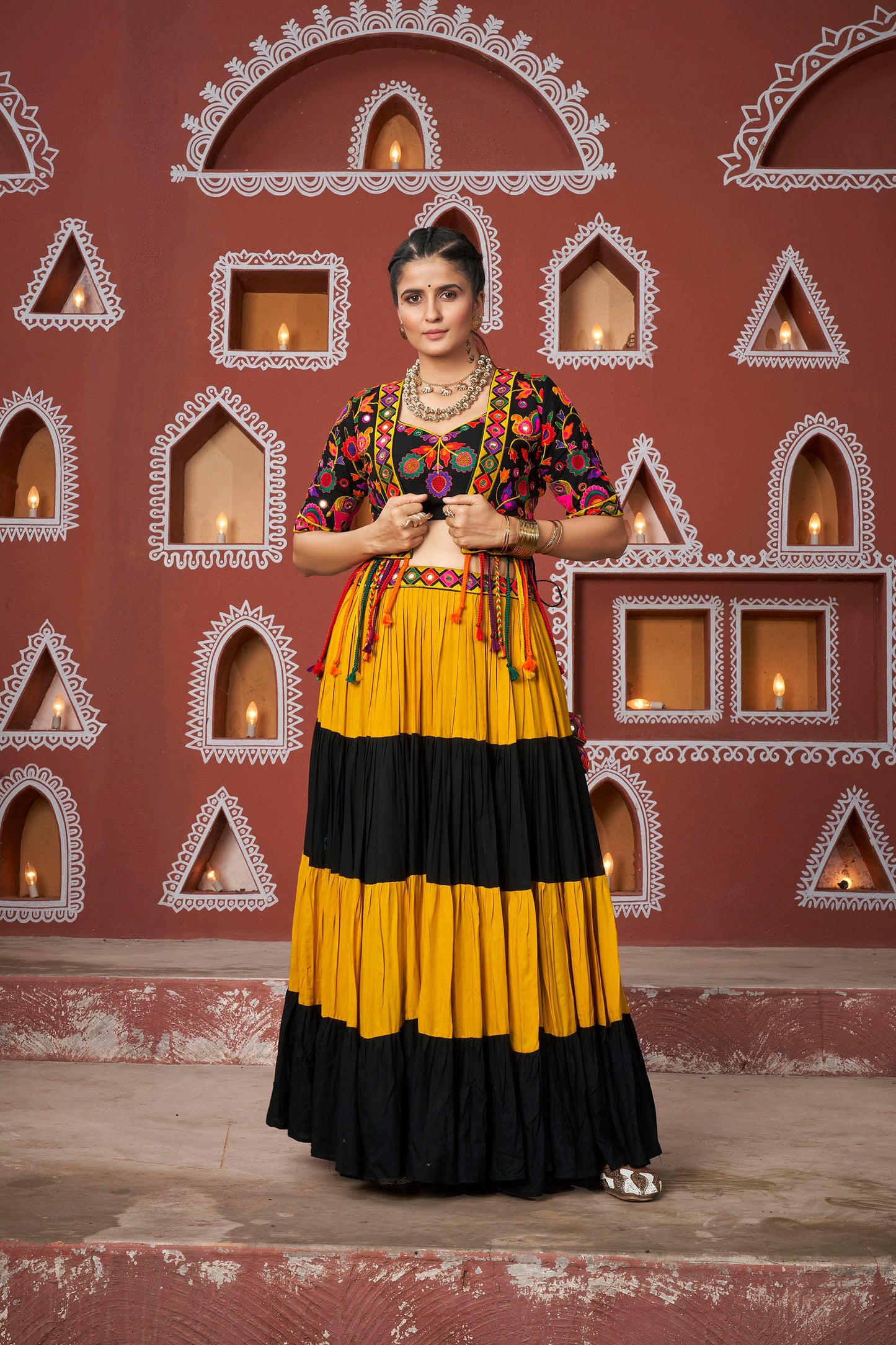 Yellow & Black Viscose Rayon Resham & Mirror Work Navratri Lehenga