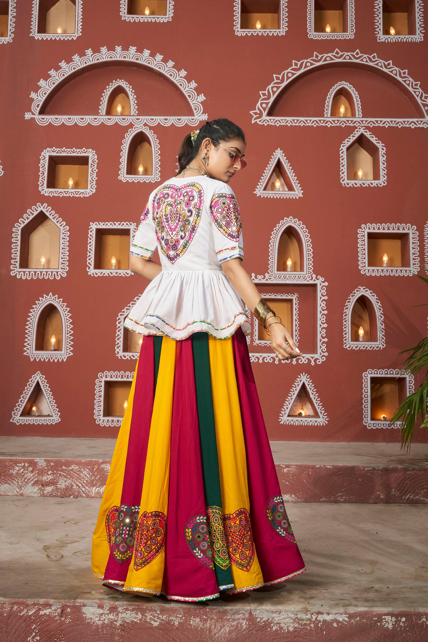 Multi Color Viscose Rayon Resham & Mirror Work Navratri Lehenga
