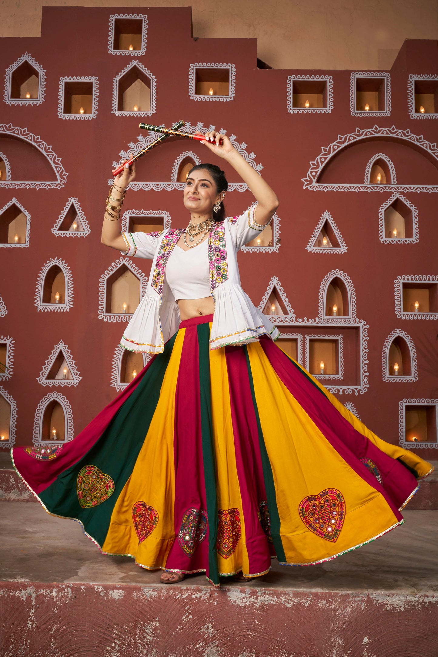 Multi Color Viscose Rayon Resham & Mirror Work Navratri Lehenga
