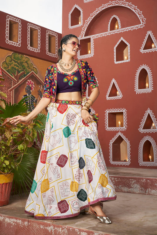 White Poly Maska Silk Resham & Mirror Work Navratri Lehenga