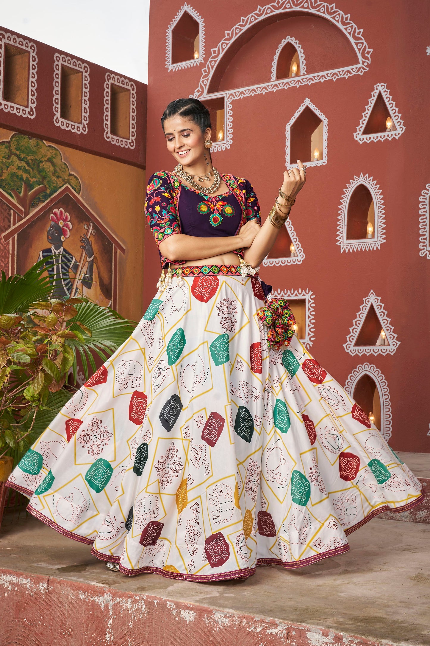 White Poly Maska Silk Resham & Mirror Work Navratri Lehenga