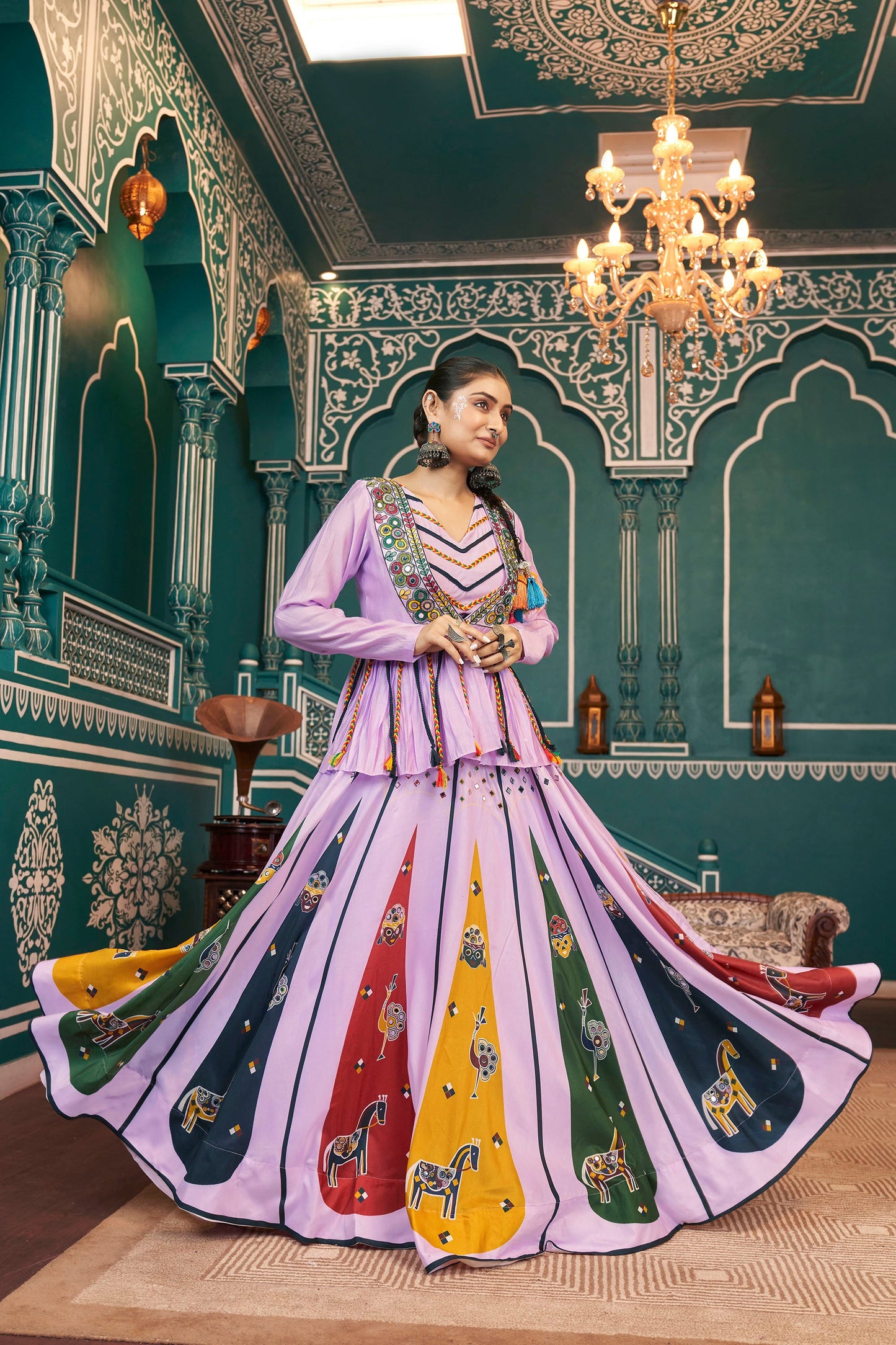 Lavender Poly Maska Silk Mirror Embroidery Navratri Chaniya Choli