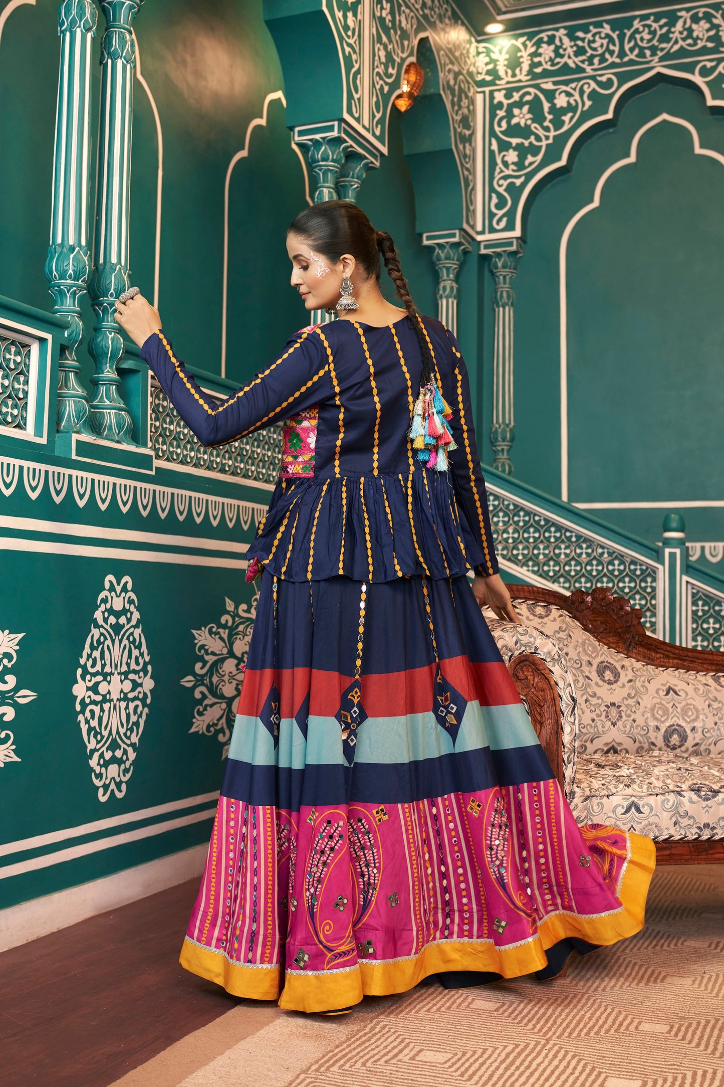 Multi Color Poly Maska Silk Mirror Work Navratri Chaniya Choli