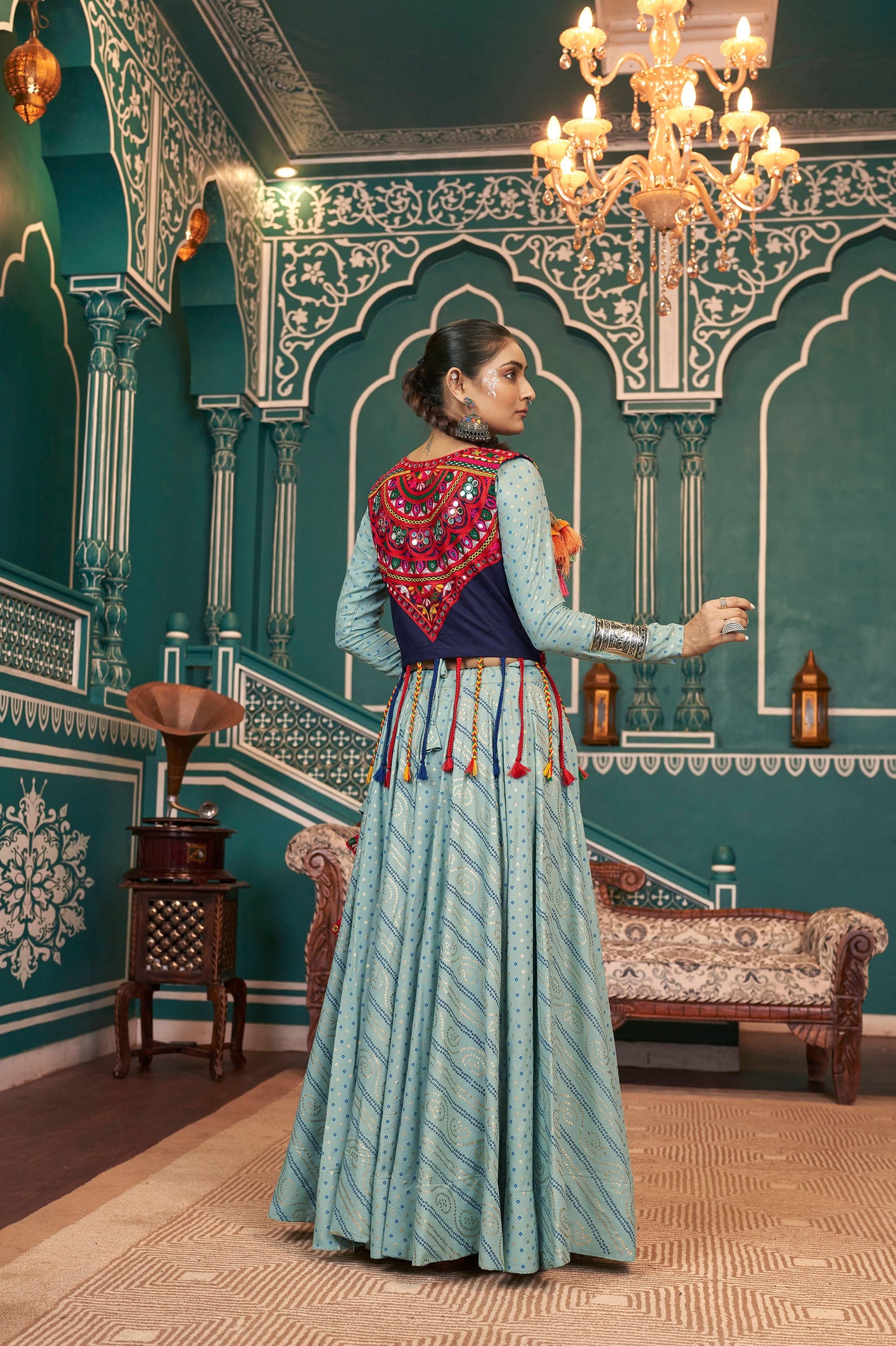 Pista Green Viscose Rayon Mirror Embroidery Navratri Chaniya Choli